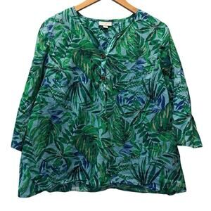 J.Jill Womens Blue Green Tropical Leaf Print 3/4 Sleeve Tunic Tops Size Petite L